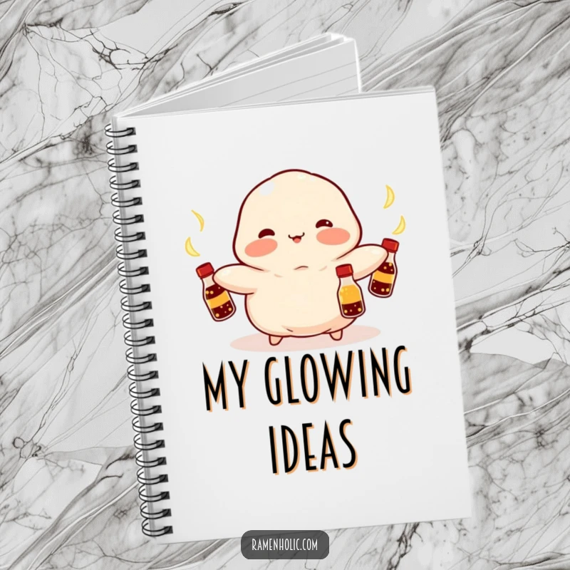 Funny Kawaii dumpling with rosy cheeks, juggling glowing soy sauce bottles, open pages for writing, a whimsical and organized feel, excellent funny gift.