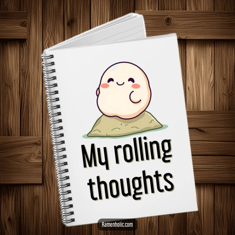 Funny dumpling character notebook, smiling and rolling down a hill, ideal for capturing notes with a humorous touch.