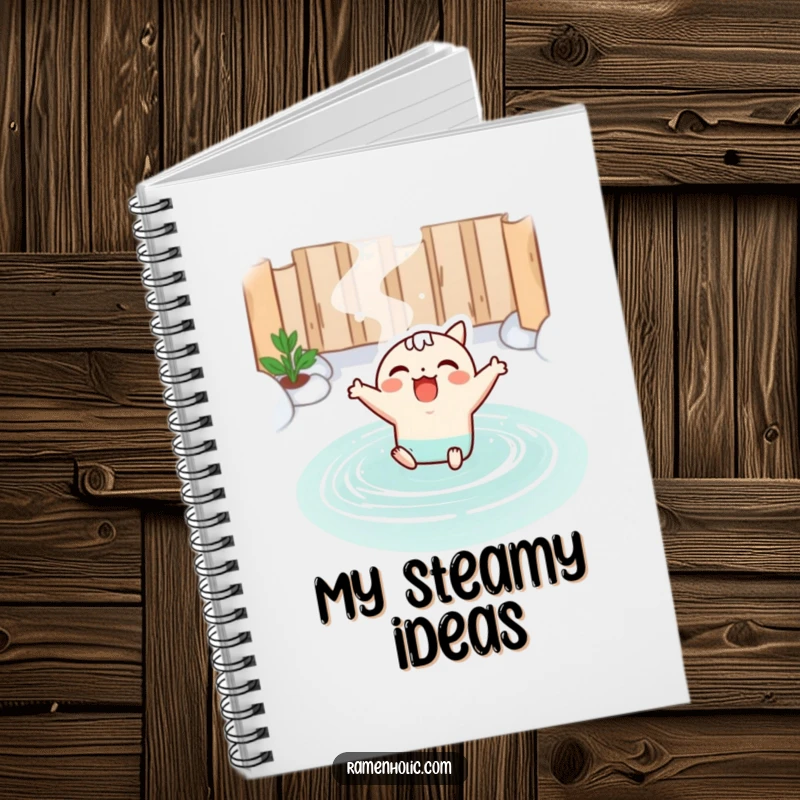 Funny notebook with a kawaii miso soup character joyfully leaping into a hot spring, perfect for jotting down thoughts with a smile.