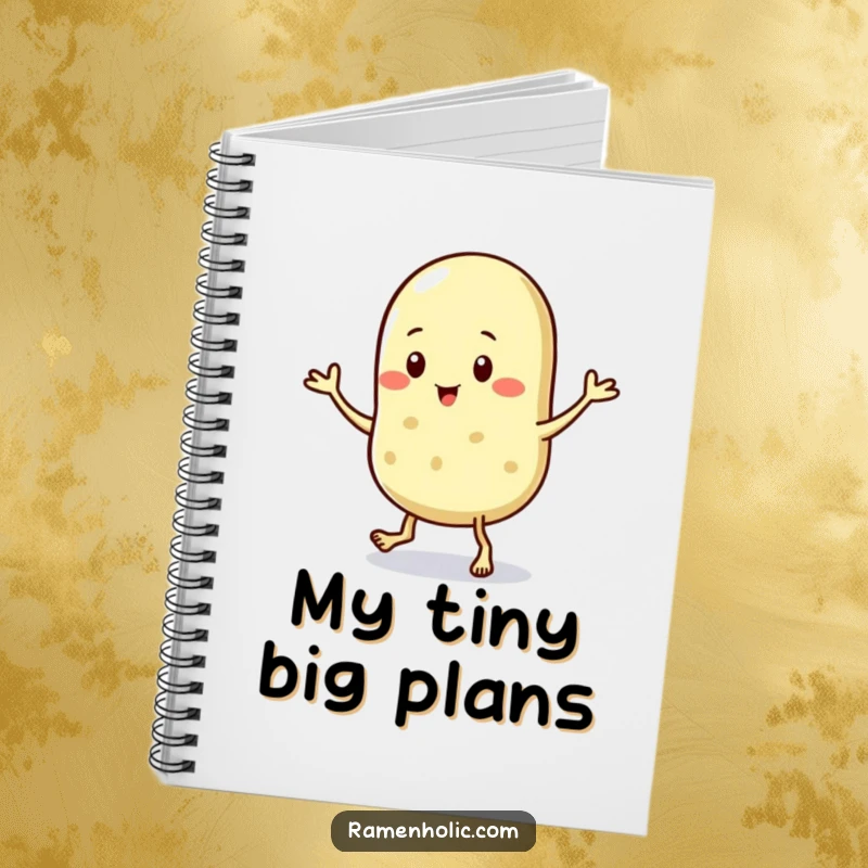 Funny notebook featuring a sesame seed character doing a joyful jig, perfect for jotting down notes with tiny, energetic enthusiasm.