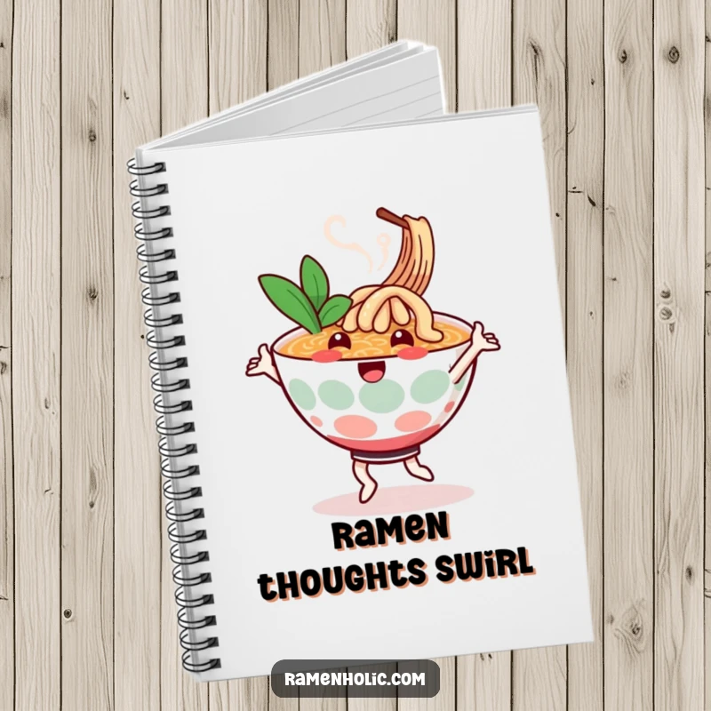 Funny notebook with a cheerful ramen bowl character dancing, steam swirling, ideal for notes and creative ideas with a food theme.