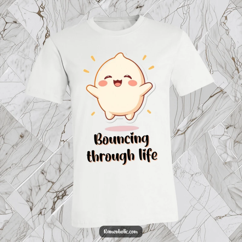 Funny mochi character t-shirt, captured mid-bounce with an infectious laugh, symbolizing pure ecstatic energy and sweet fun.