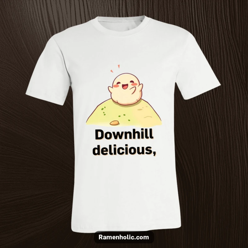 Funny happy dumpling rolling down a hill with glee, a playful and humorous graphic tee for dumpling enthusiasts.