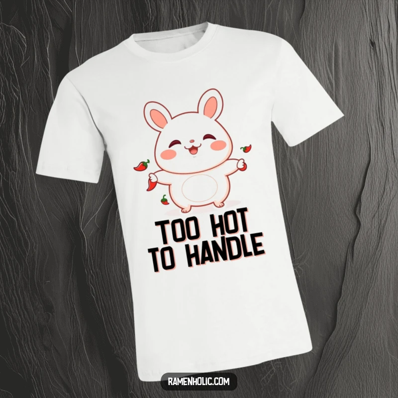Funny t-shirt featuring a playful bao bun juggling chili peppers, celebrating spicy flavors and fun.