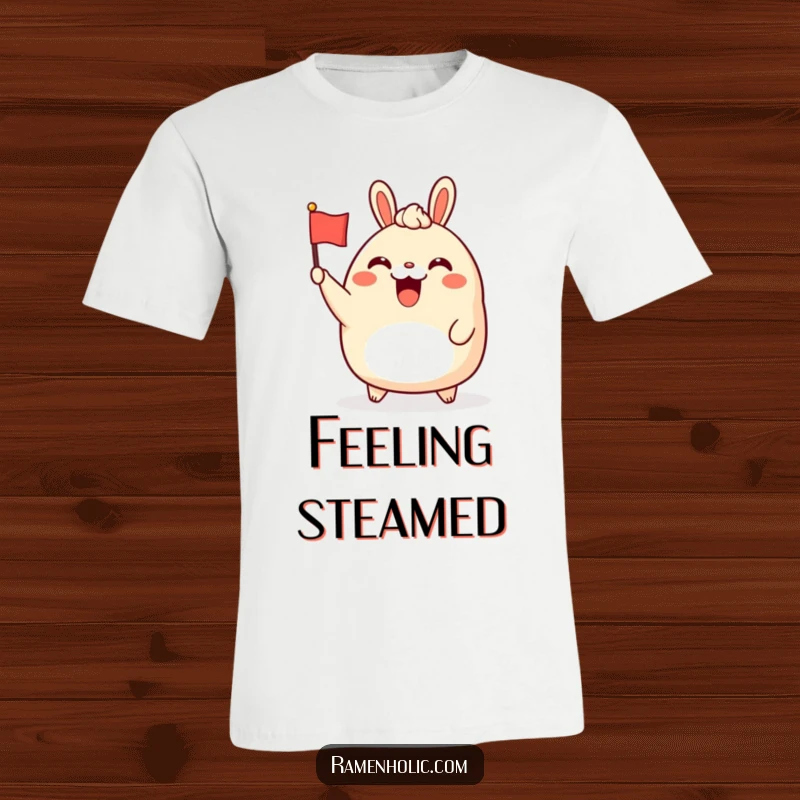 Funny bao bun character t-shirt, depicted cheerfully waving a tiny flag, exuding pure joy and celebration.