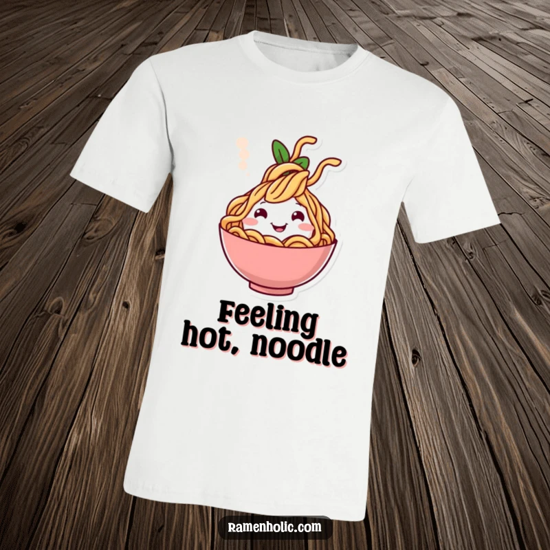Funny t-shirt with a cheerful noodle character popping out of steam, celebrating Asian food and happy vibes.