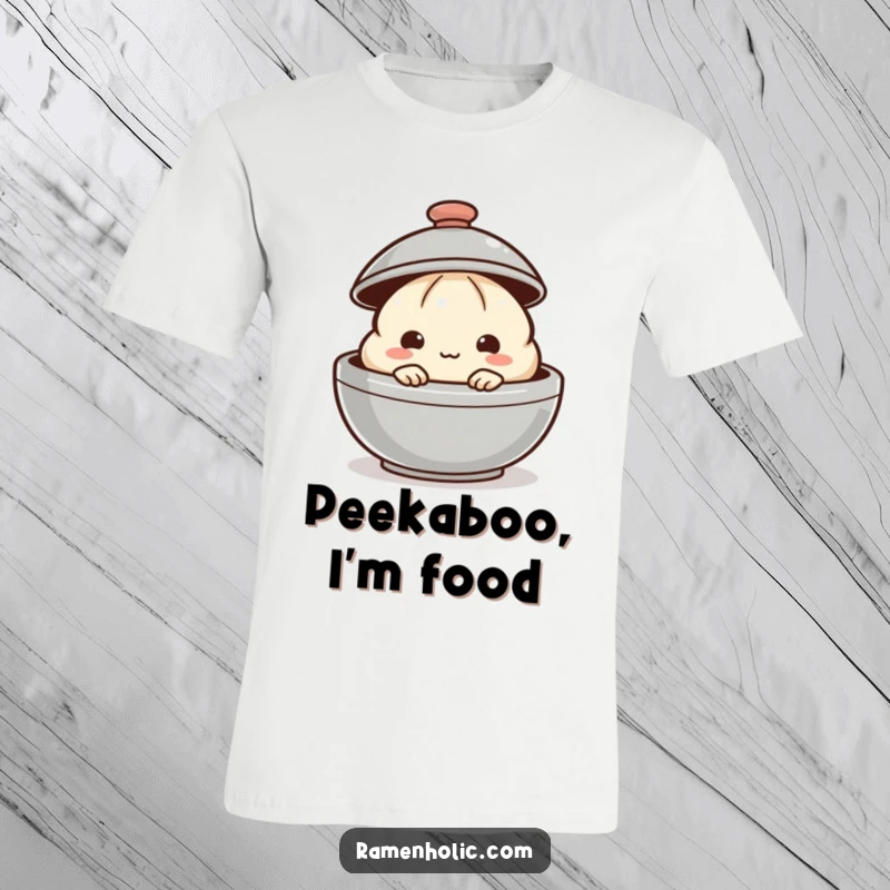 Funny dumpling t-shirt with a shy dumpling peeking from behind a steaming lid, a cute and humorous design.