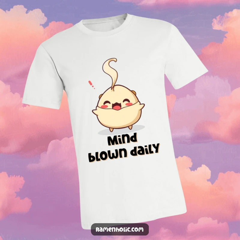 Funny gyoza steam t-shirt, a character looking shocked with steam erupting, great for expressing surprise humorously.