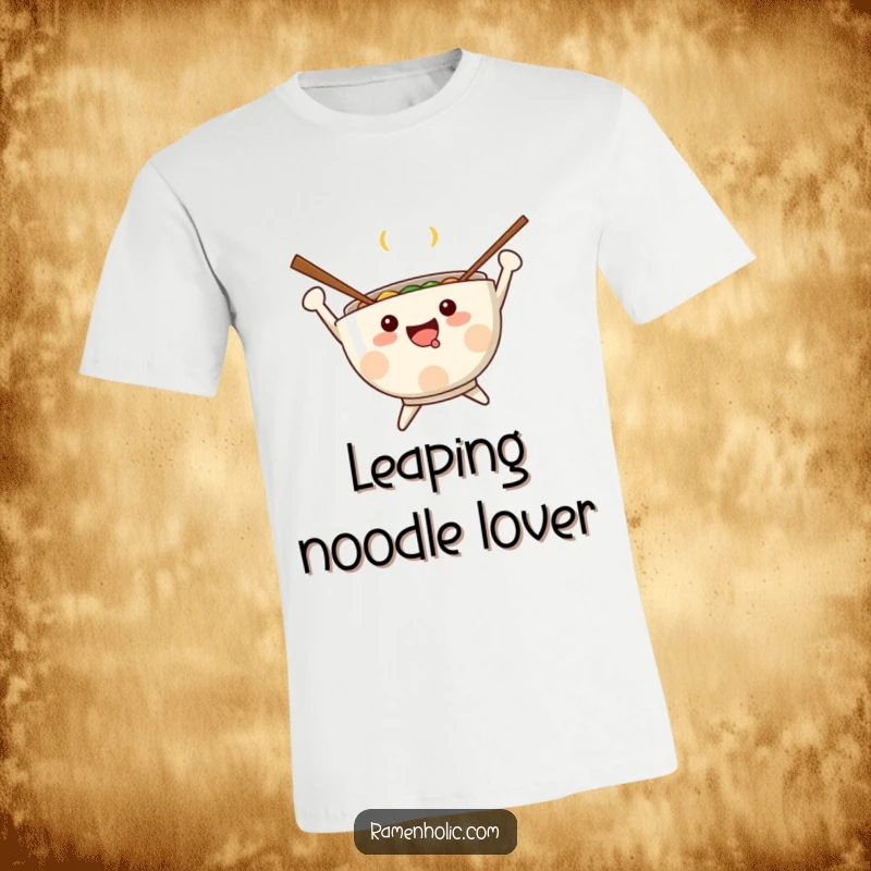 Funny Kawaii ramen bowl with chopsticks as arms, mid-jump with joy, noodles in motion, a comical food character, excellent funny gift.