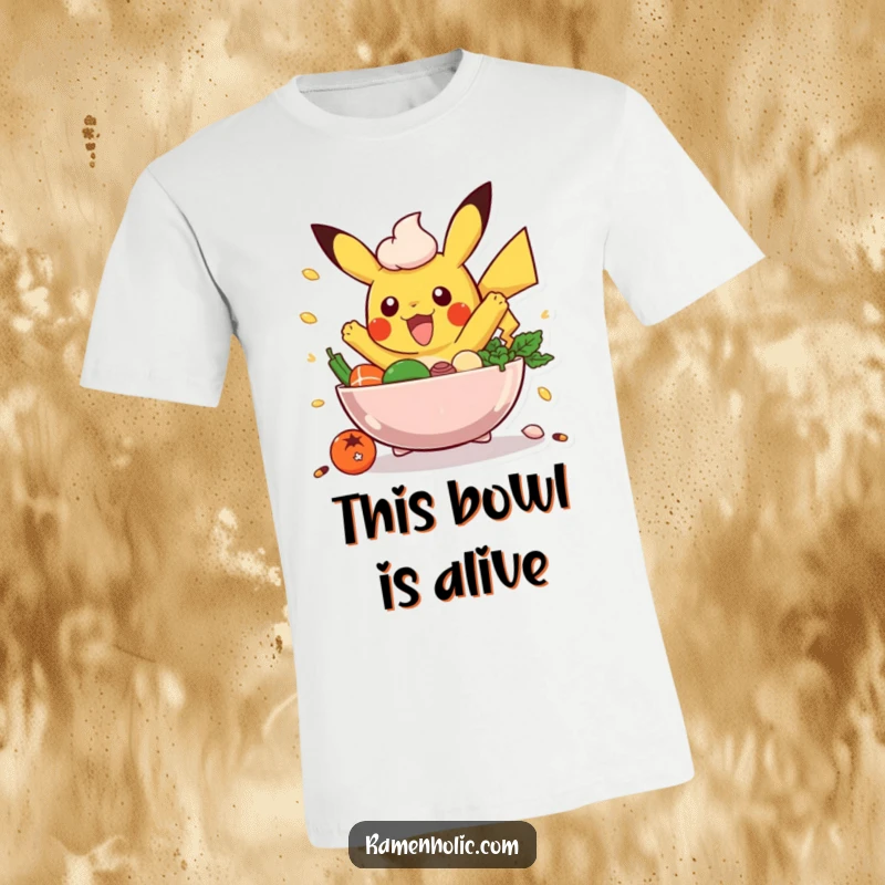 Funny Poke Bowl T-Shirt: An excited poke bowl character with ingredients mid-air, showcasing culinary delight and energy.