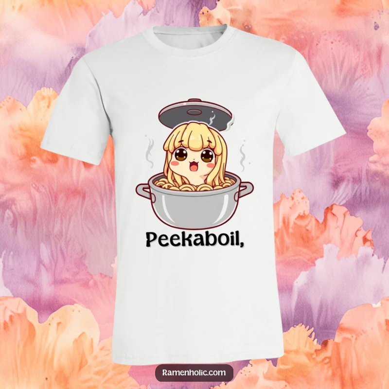 Funny surprised noodle peeking from a boiling pot, wide-eyed and comical, a humorous graphic tee for ramen and noodle fans.