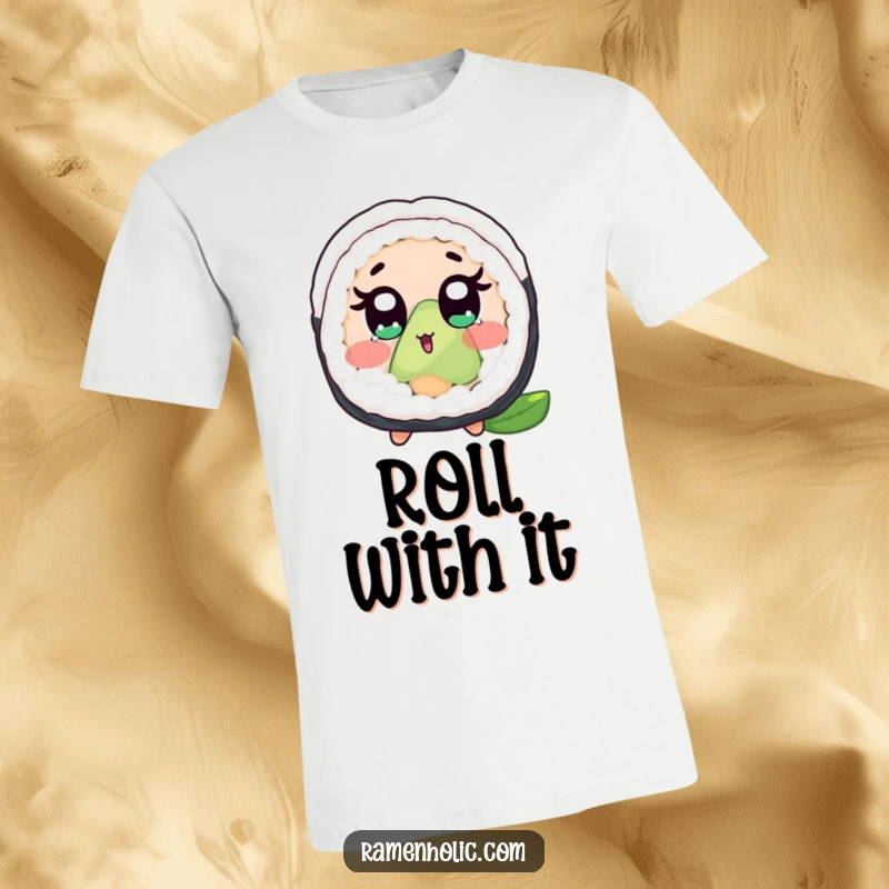 Funny t-shirt with a surprised sushi roll character, wide eyes, and blush, expressing shock and cuteness, ideal for a humorous outfit.