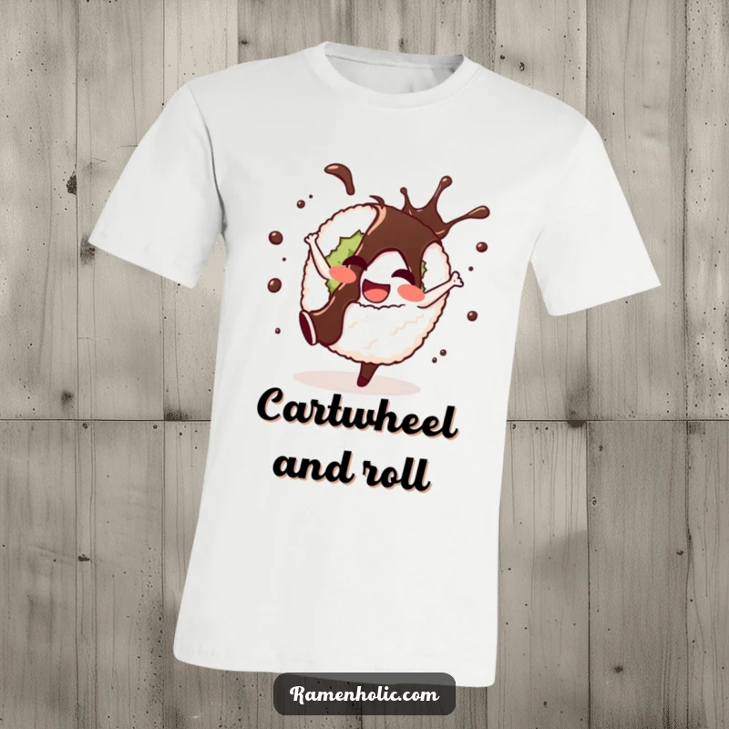 Funny t-shirt with a cheerful sushi roll character doing a cartwheel, with soy sauce splashing happily, a dynamic food cartoon.