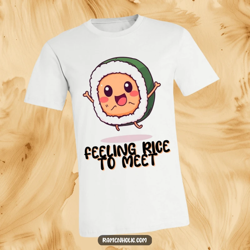 Funny sushi roll character t-shirt, captured mid-jump with a happy expression, radiating pure excitement.