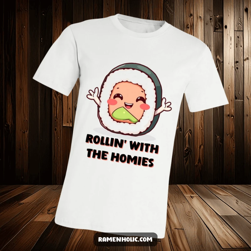 Funny sushi roll t-shirt with tiny arms waving enthusiastically, a cheerful and playful design for food lovers.
