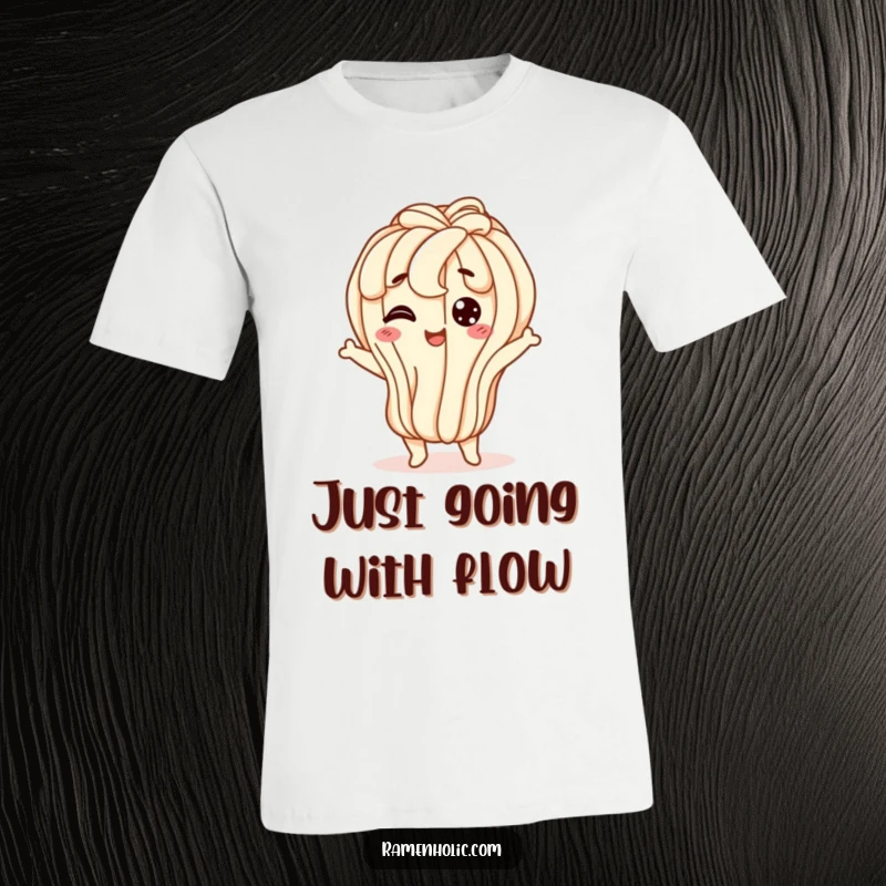 Funny udon noodle t-shirt featuring a happy character doing a wiggly jiggle, perfect for those who love playful movement and food.