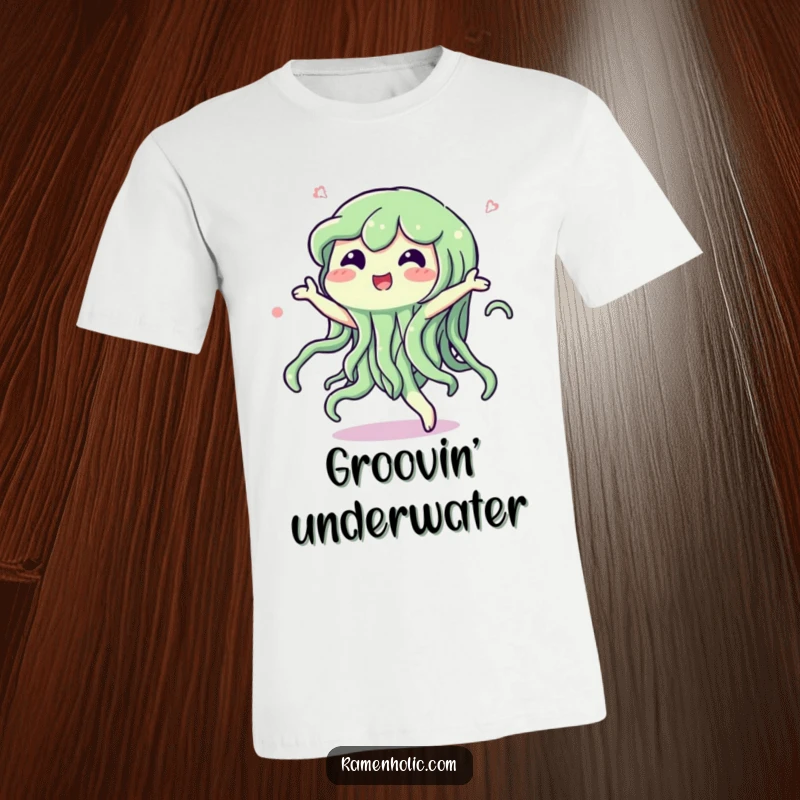Funny t-shirt showcasing a happy seaweed character dancing with a delightful swish, embodying aquatic joy and movement.