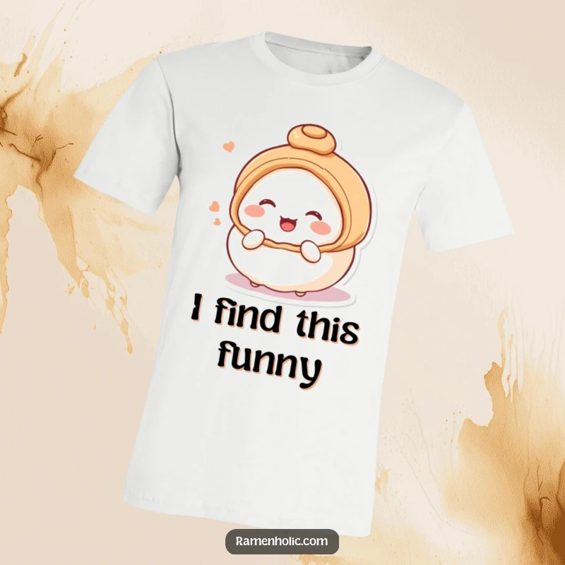 Funny T-shirt depicting a blushing, giggling steamed bun character, embodying adorable shyness and cheerful sweetness.