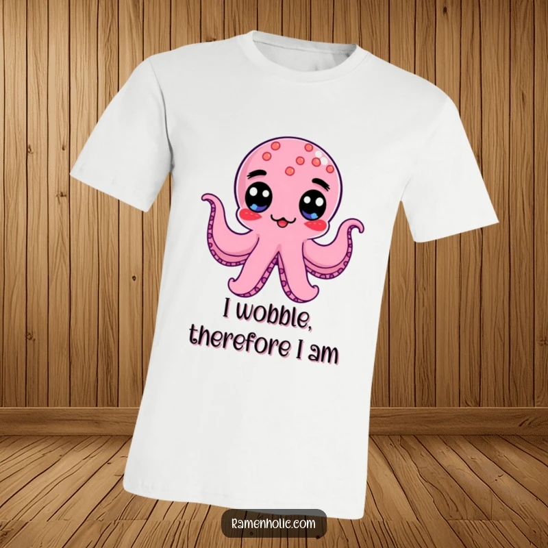 Funny Kawaii Octopus Wiener T-Shirt with googly eyes executing a hilarious wobble, perfect as a funny gift.