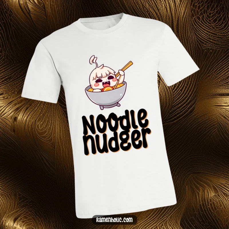 Funny t-shirt depicting a mischievous chopstick playfully nudging a steaming bowl of ramen.