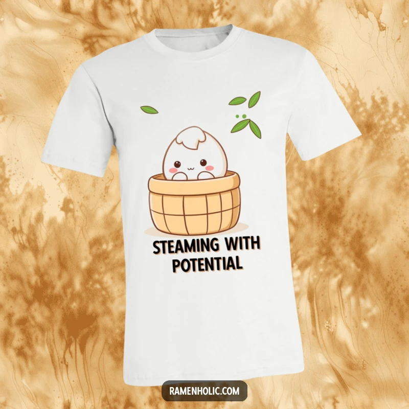 Funny shy mochi character peeking out of a steaming bamboo steamer, cute kawaii food t-shirt design for bao lovers.