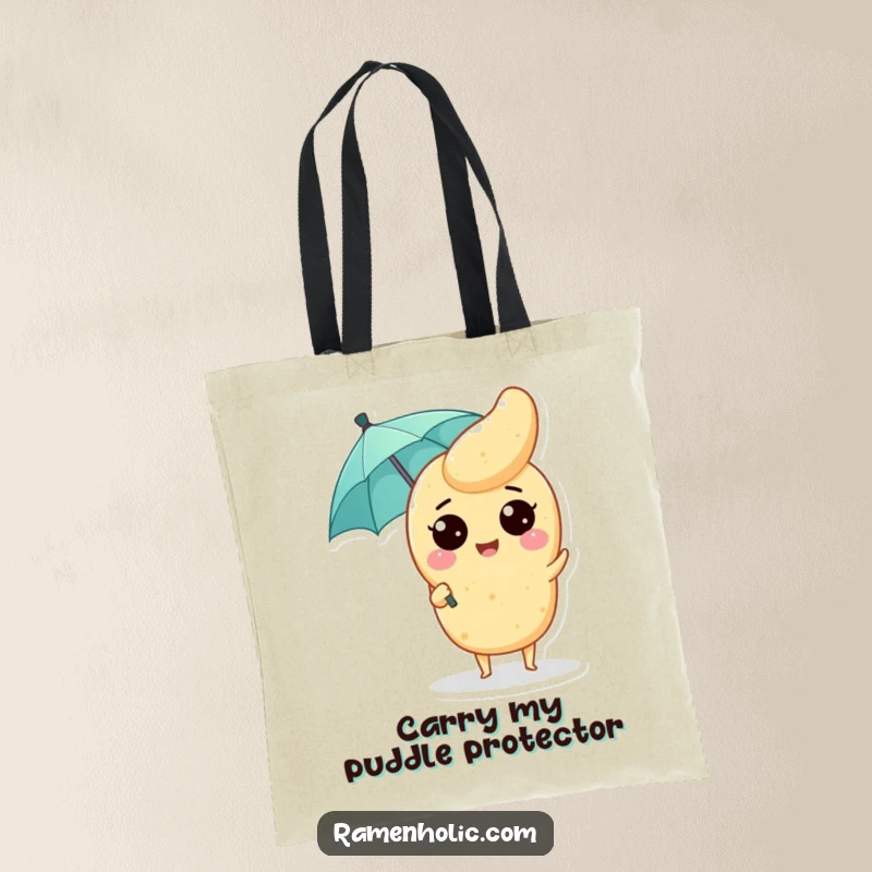 Funny Tempura Tote Bag: A happy tempura piece with a tiny umbrella, ready to carry groceries with a smile.