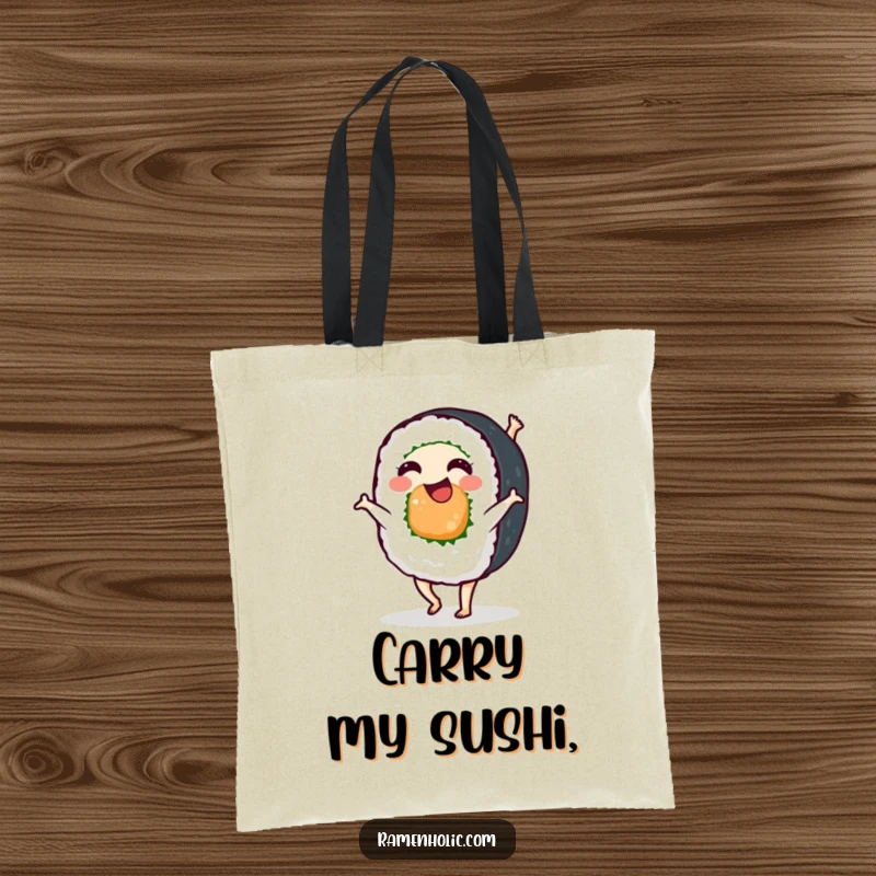 Funny sushi roll doing a playful cartwheel, a vibrant and humorous tote bag design for stylish shoppers who love food.