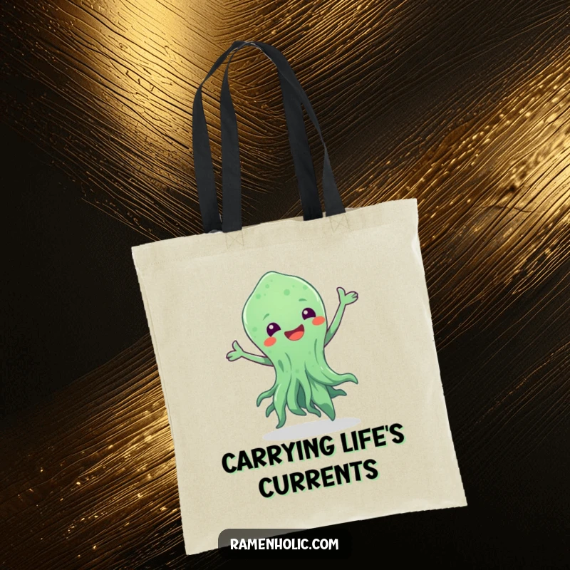 Funny tote bag with a seaweed character captured mid-dance, bringing a splash of energetic ocean fun to everyday carry.