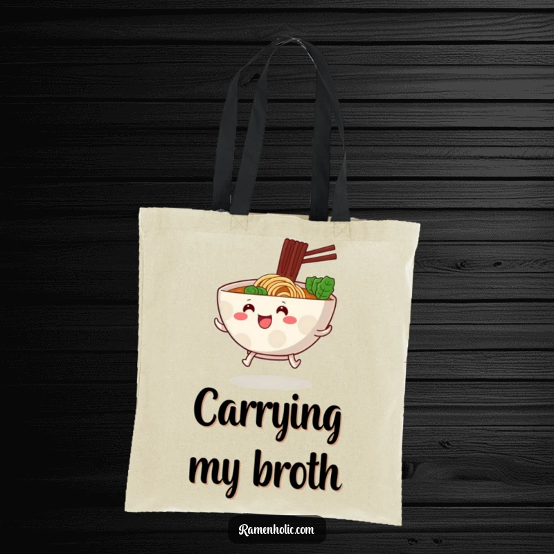 Funny ramen bowl with little stubby legs, hopping excitedly forward, on a cute and practical tote bag.