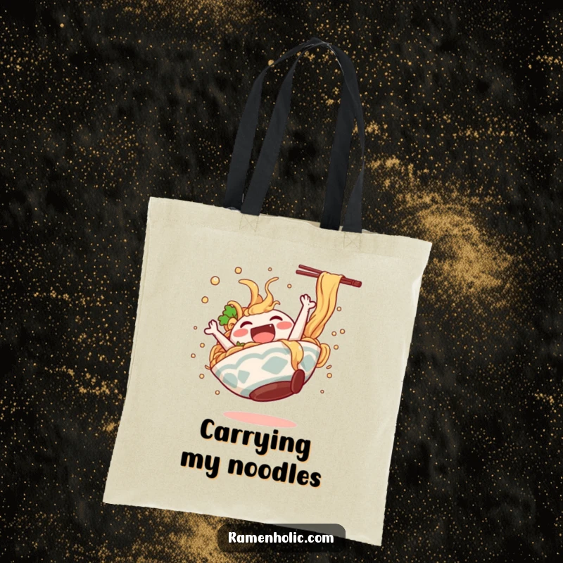 Funny ramen bowl character doing a happy somersault, broth splashing, vividly printed on a durable tote bag.