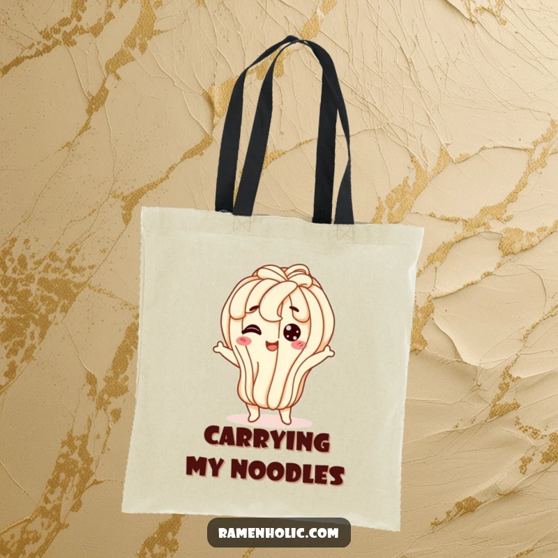 Funny udon noodle tote bag with a happy character doing a wiggly jiggle, perfect for carrying groceries with food-themed humor.