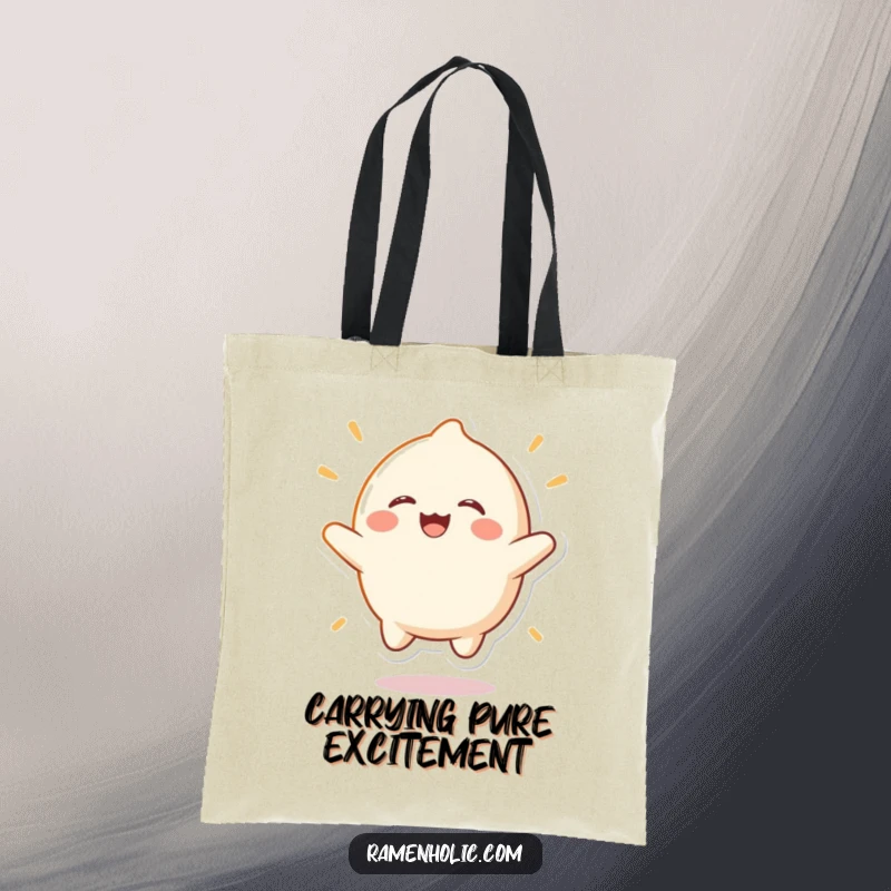 Funny mochi character tote bag, joyfully bouncing and laughing, designed for carrying essentials with a touch of sweet, playful energy.