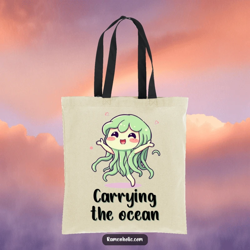 Funny tote bag illustrating a happy seaweed character dancing with a swish, perfect for carrying items with aquatic flair.