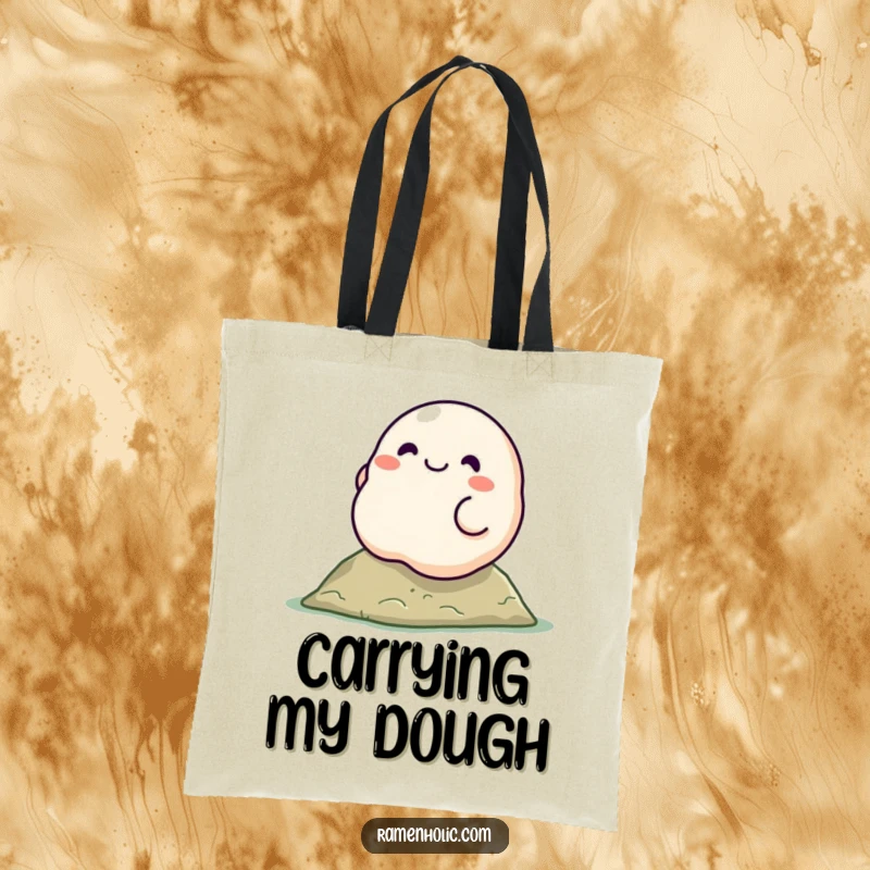 Funny dumpling character tote bag, smiling and rolling down a hill, showcasing a playful and charming design.