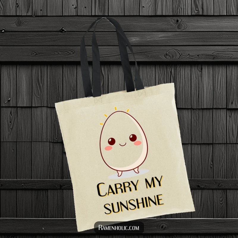 Funny tote bag illustrating a cheerful egg character with a sunny side up smile, perfect for daily errands and happy moments.