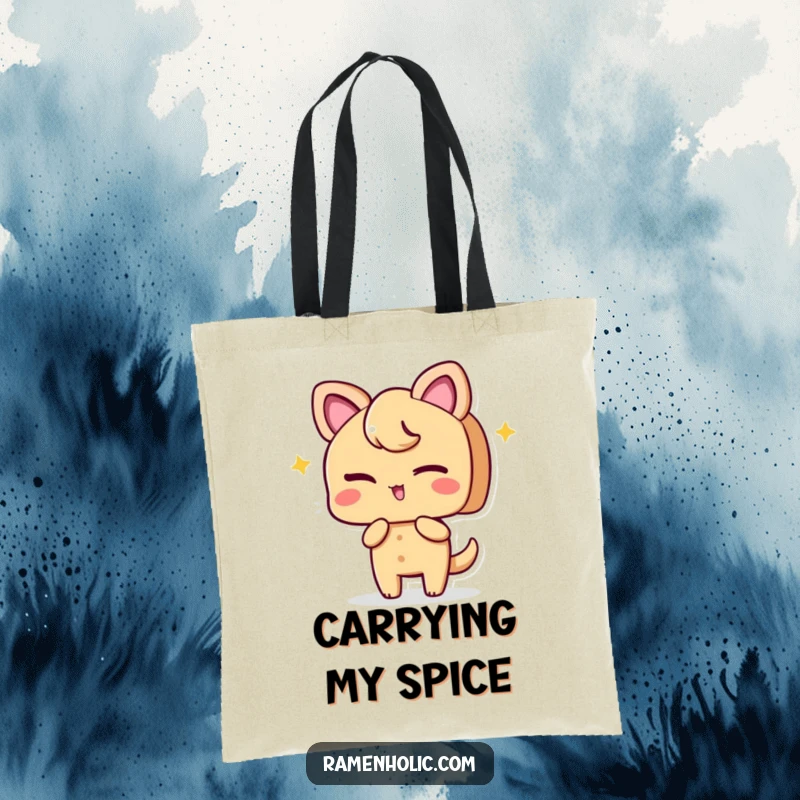 Funny tote bag illustrating a playful ginger slice character winking, perfect for carrying items with a zesty and charming touch.