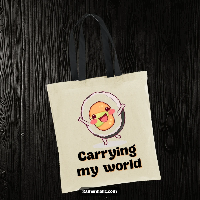 Funny tote bag illustration of a happy sushi roll character doing a cartwheel, perfect for carrying groceries or daily essentials.