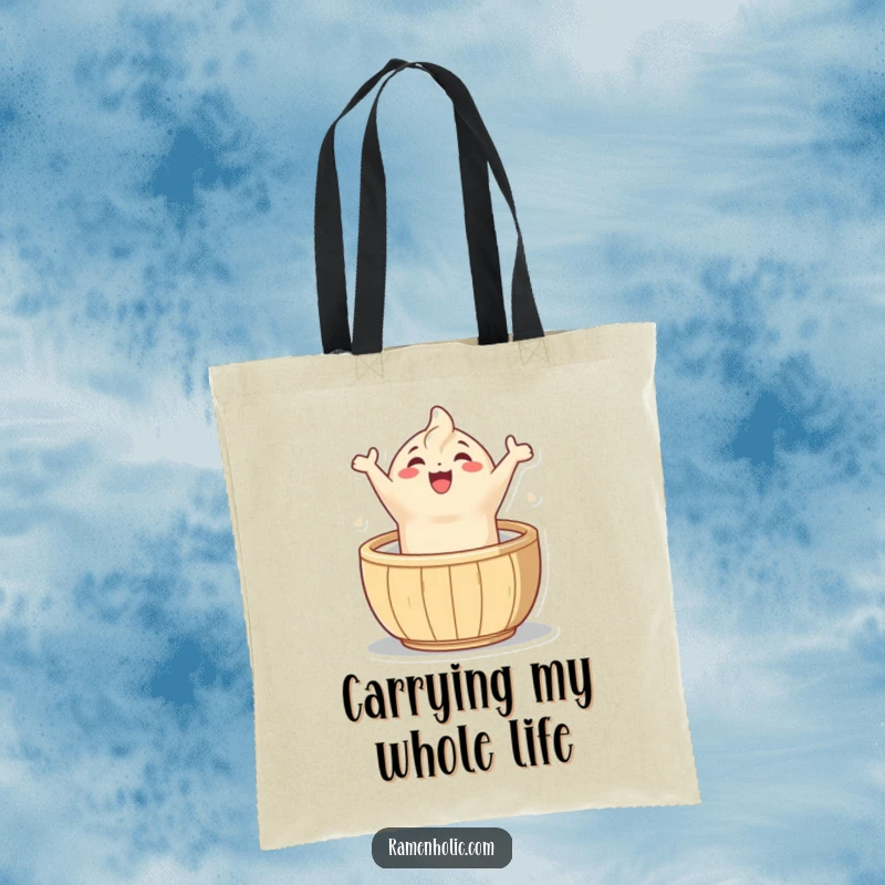 Funny joyful dumpling tote bag, a happy character leaping from a basket, perfect for carrying essentials with glee.