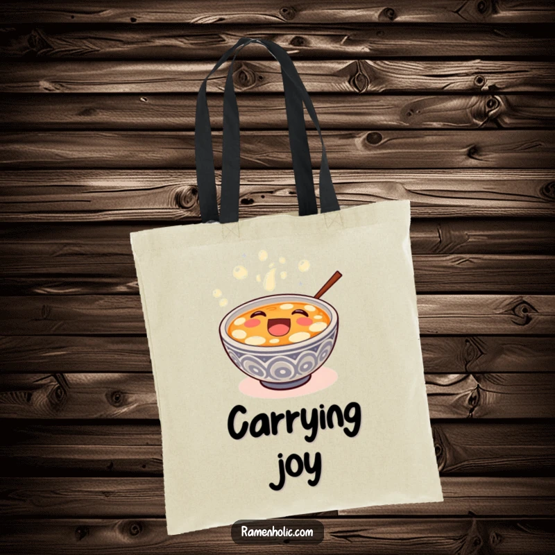 Funny happy miso soup bowl overflowing with bubbly laughter, printed on a durable tote bag.