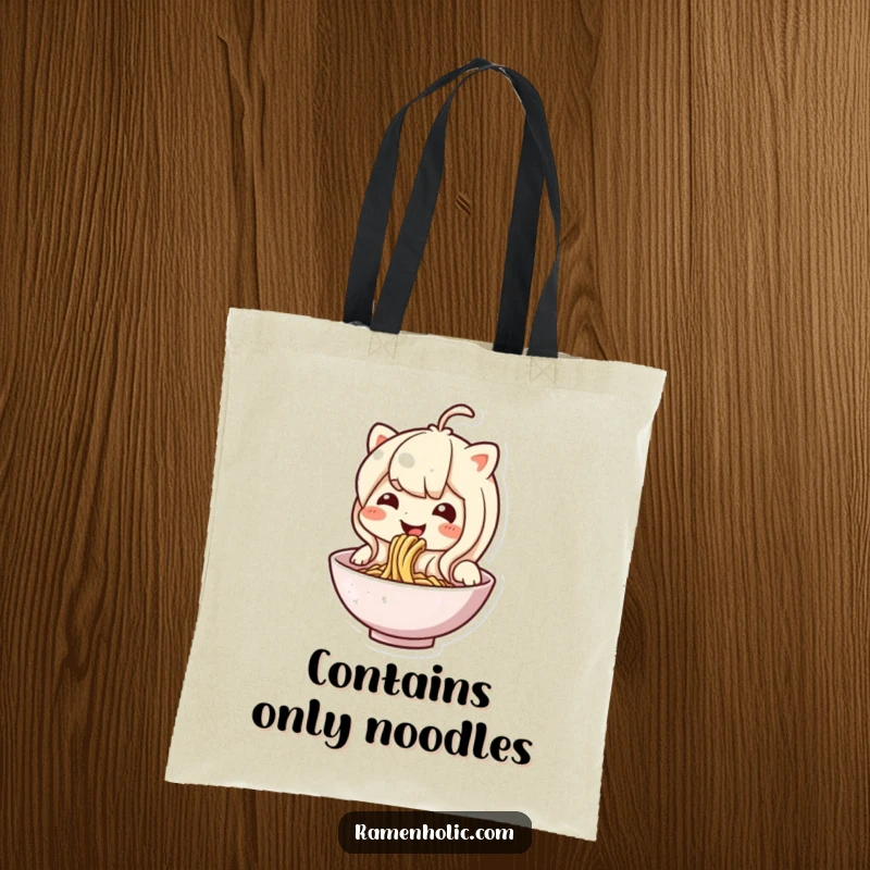 Funny noodle character tote bag, captured in the act of happy slurping, showcasing a fun and playful design.