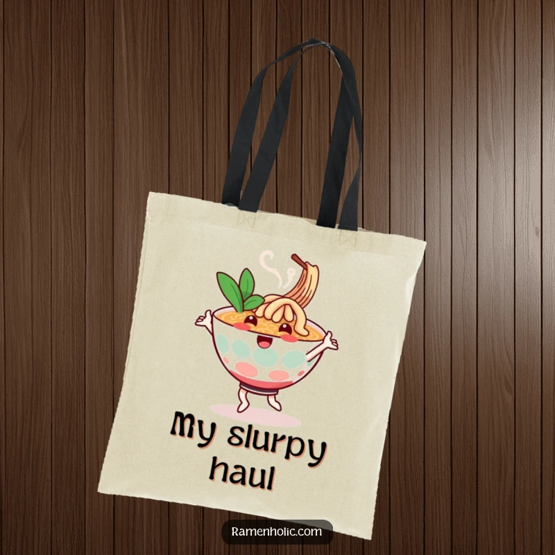 Funny tote bag with a cheerful ramen bowl character dancing, steam swirling, perfect for carrying essentials with a foodie touch.