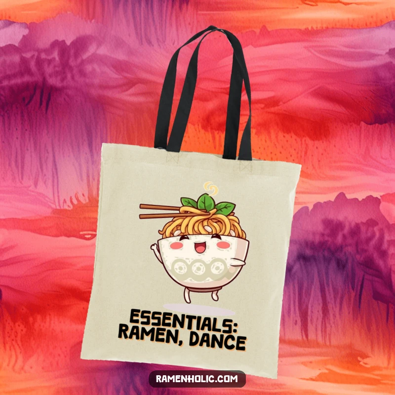 Funny ramen bowl character tote bag, dancing with chopsticks, showcasing a playful and eye-catching design.