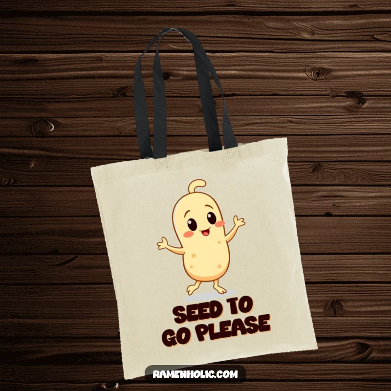 Funny Tote Bag featuring a sesame seed character doing a happy jig, perfect for carrying groceries and giggles.