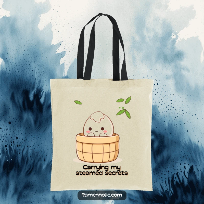Funny shy mochi character peeking from a steaming bamboo steamer, cute kawaii tote bag, practical and humorous gift for foodies.