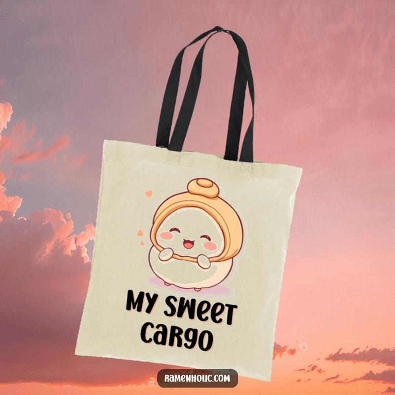 Funny tote bag showcasing a blushing, giggling steamed bun character, ideal for carrying items with a touch of sweetness and humor.