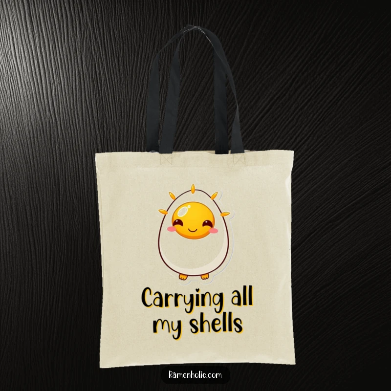 Funny tote bag displaying a happy sunny side up egg character, perfect for carrying groceries with a smile and cheerful style.
