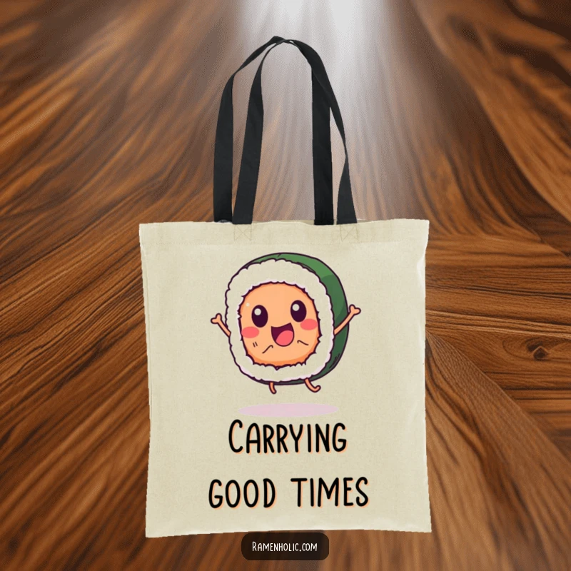 Funny sushi roll character tote bag, captured jumping with joy, showcasing a playful and eye-catching design.