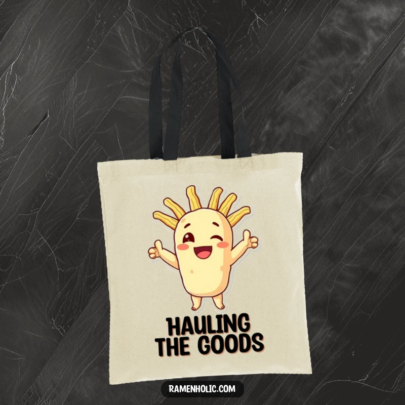 Funny tempura tote bag with a smiling character striking a triumphant pose, showcasing crispy extensions and foodie pride.