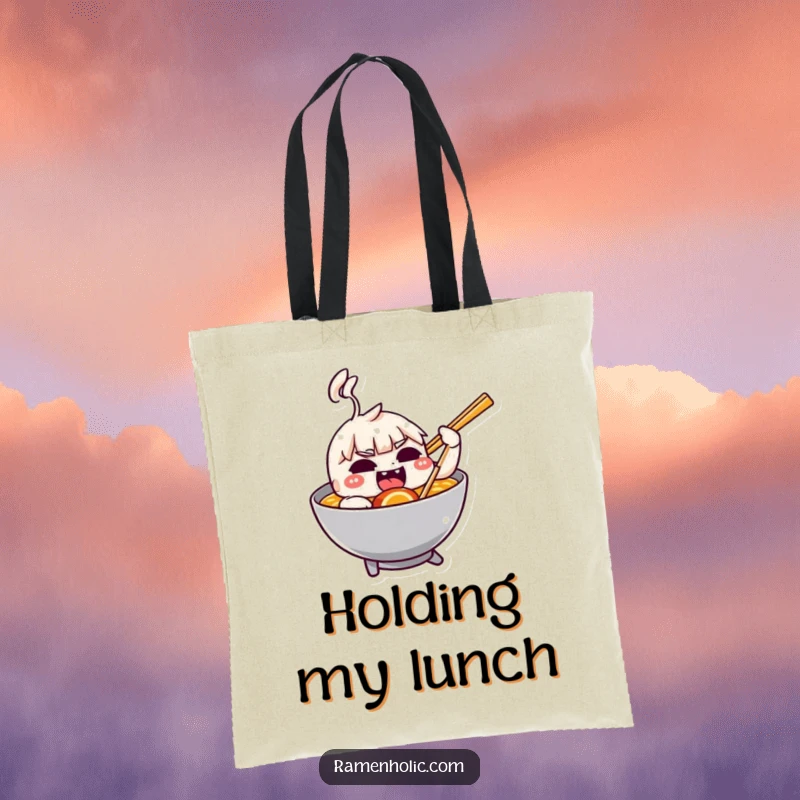 Funny tote bag with a mischievous chopstick character playfully nudging a delicious bowl of ramen.