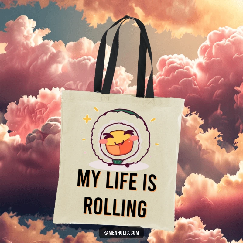 Funny cheeky sushi roll tote bag, adorned with a winking character, great for groceries and good times.